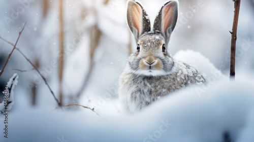 Cute gray hare in a beautiful snowy winter forest. AI generated.