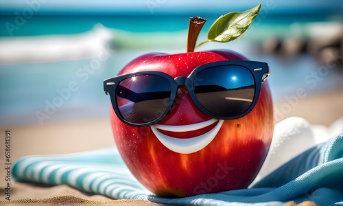 Eat a Red Apple Day. A of a red apple wearing sunglasses, lounging on a beach towel. Generative AI