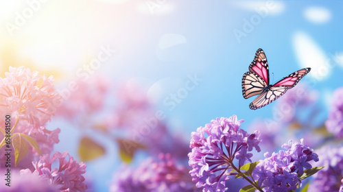 Floral spring natural blue background with fluffy airy lilac flowers on meadow and fluttering butterflies on blue sky background. #658681500