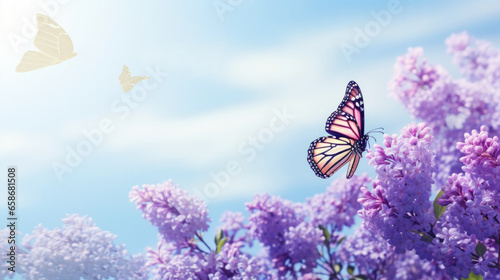 Floral spring natural blue background with fluffy airy lilac flowers on meadow and fluttering butterflies on blue sky background.