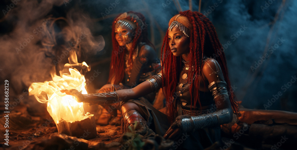 ancient african tribe gorgeous women with red hair in forest
