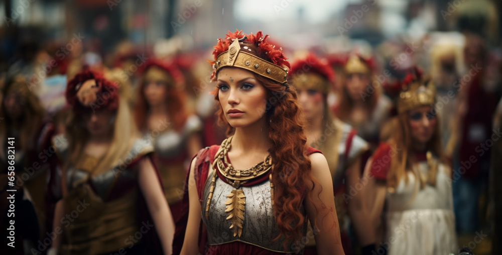 ancient roman parade with gorgeous red haired women