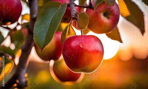 Celebrating Eat a Red Apple Day, An apple orchard in the golden glow of sunset, with ripe red apples on the trees. Generative AI