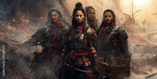 squad of beautiful samurai women going to battle
