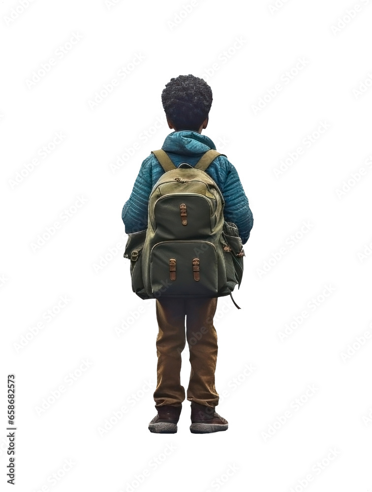 small black African American toddler boy with black power hairstyle. blue, teal, cyan winter jacket. cargo backpack.