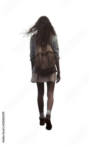 pretty teen girl. rear view, full view, back view. isolated transparent background, white skirt, long brown hair. white skin.