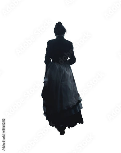 silhouette of a Victorian woman wearing black dress. pulled back hair in a bun. conservative. Amish woman. full view. 
