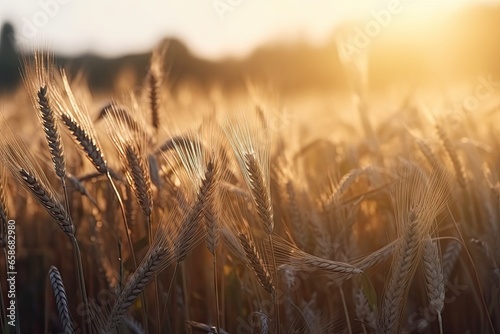 Golden harvest. Bounty of wheat in summer sunset. Rural riches. Fields of golden wheat under setting sun. Cultivating abundance. Beauty of wheat in countryside