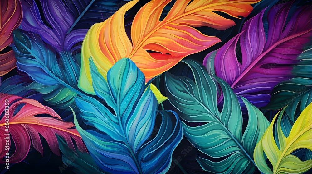 Abstract Background of illustrated Tropical Leaves. Exotic Wallpaper in multiple Colors Abstract Background of illustrated Tropical Leaves. Exotic Wallpaper in multiple Colors