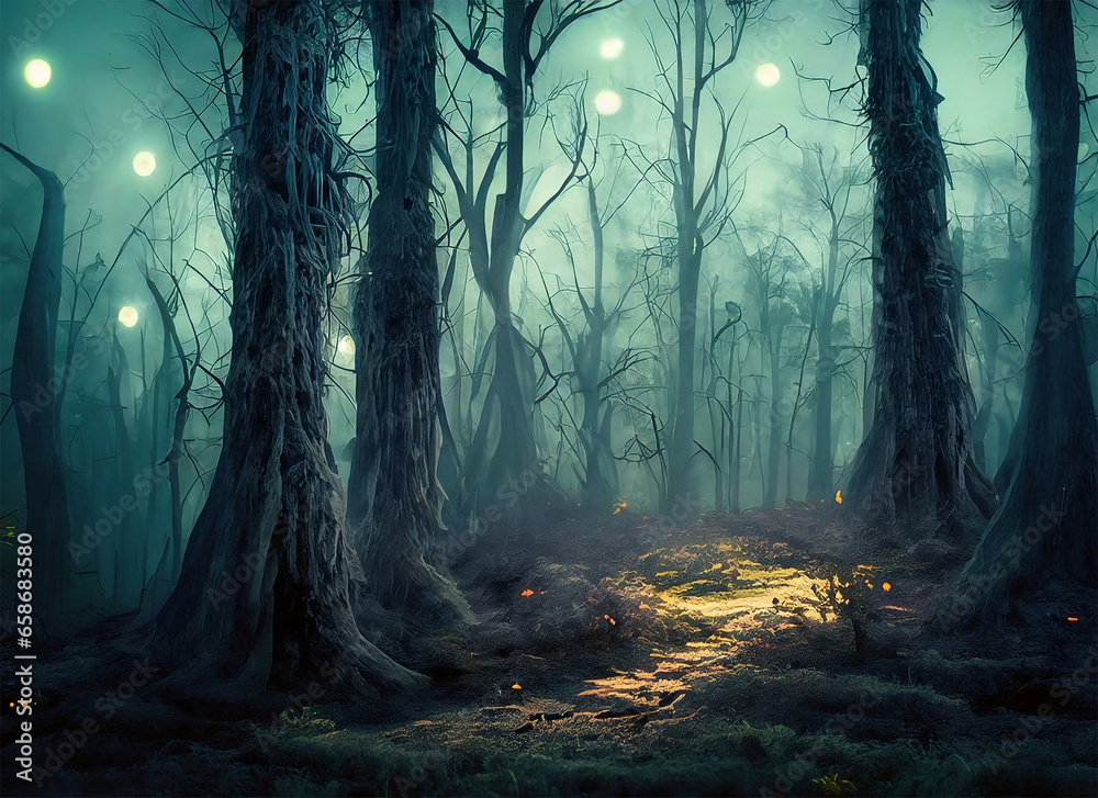 Creepy haunted forest at night. Halloween background,
