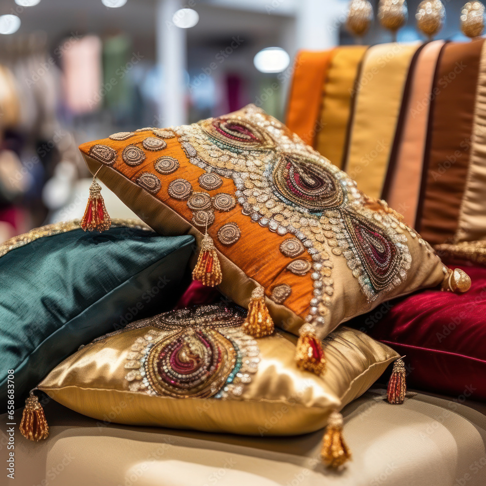 Jewelry on silk cushions in a showroom dazzling
