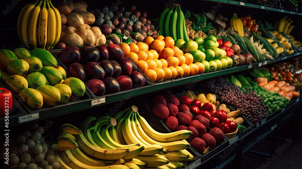 Fruits and Vegetables on shelf in supermarket. Generative Ai