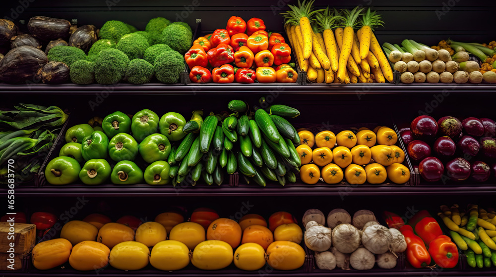 Fruits and Vegetables on shelf in supermarket. Generative Ai