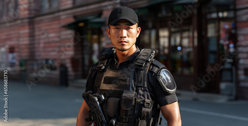 police officer on the street, police officer on duty, an asian security with light blue uniform and black gun photo