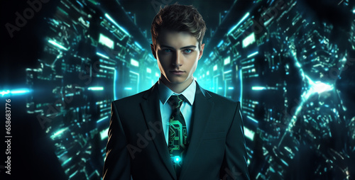 person in the office, young businessman cyber style image, businessman front of laptop