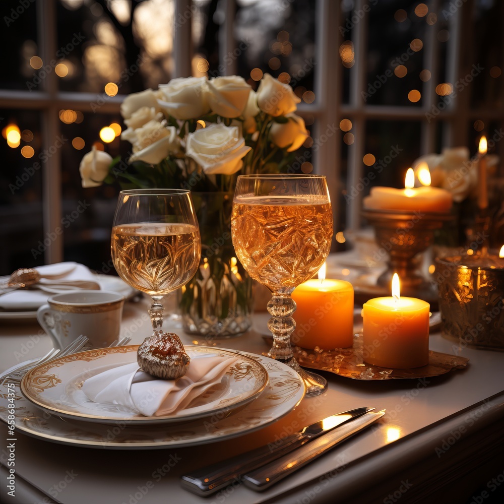 
Christmas dinner table full of dishes with food and snacks, New Year's decor with a Christmas tree in the background, festive home atmosphere, table setting.