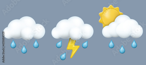 Set of cloud 3d with raindrops, lightning and sun. Vector illustration.