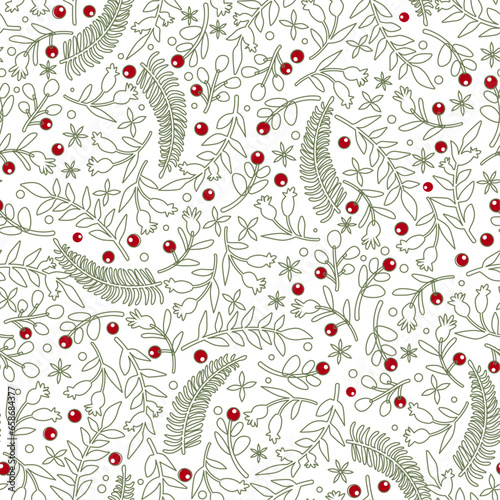 Merry and Bright Holiday Pattern. Christmas Universal Creative Seamless Pattern with Leaves and Berries in Trendy Linear Style. Winter Artistic Template Background. Vector