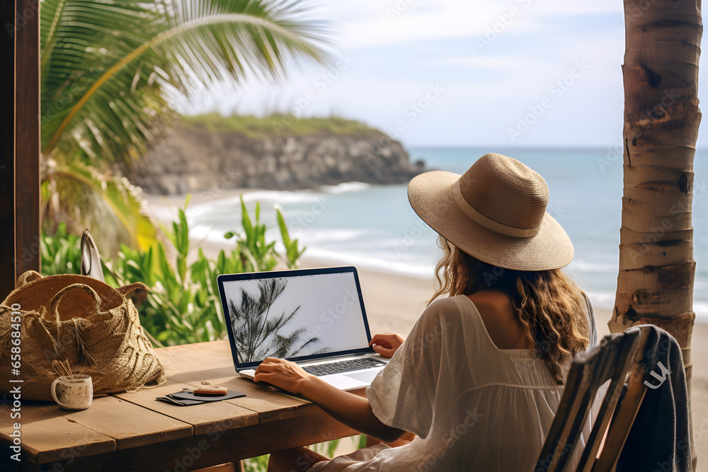 Back view of  woman in hat working on laptop at table on tropical beach, Digital nomad’s lifestyle,  Remote job and teleworking concept, Vacation Leave, Travel visa - obrazy, fototapety, plakaty 