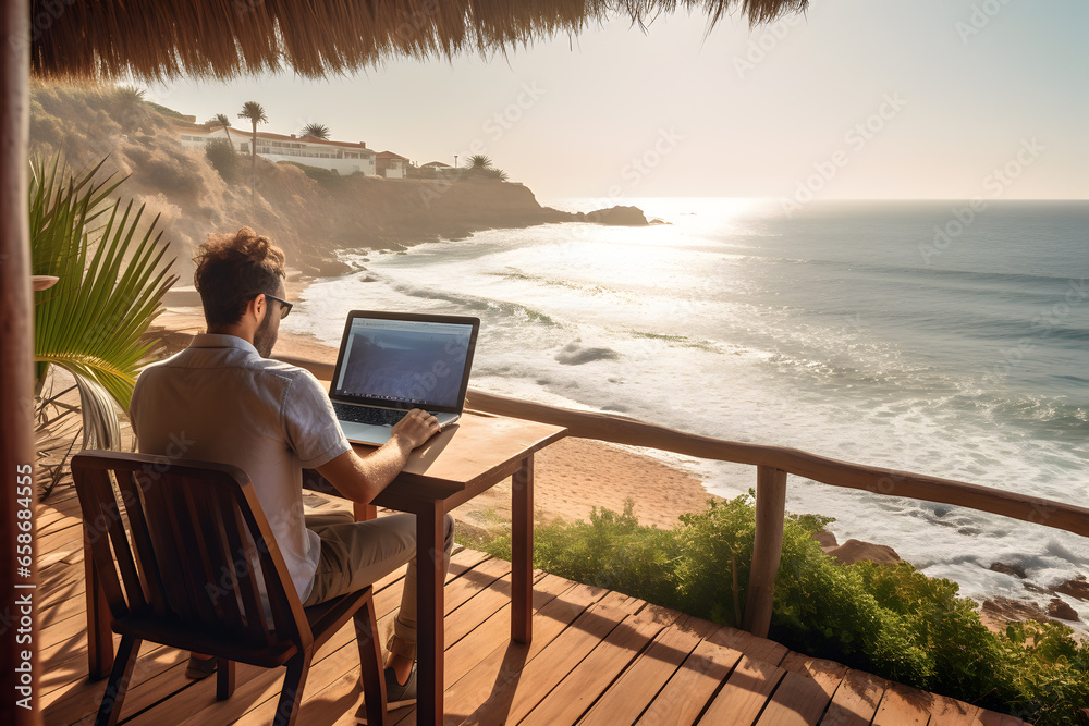Back view of a man in hat working on laptop at table on tropical beach, Digital nomad’s lifestyle,  Remote job and teleworking concept, Vacation Leave, Travel visa
