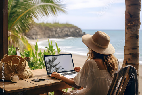 Back view of  woman in hat working on laptop at table on tropical beach, Digital nomad’s lifestyle,  Remote job and teleworking concept, Vacation Leave, Travel visa photo
