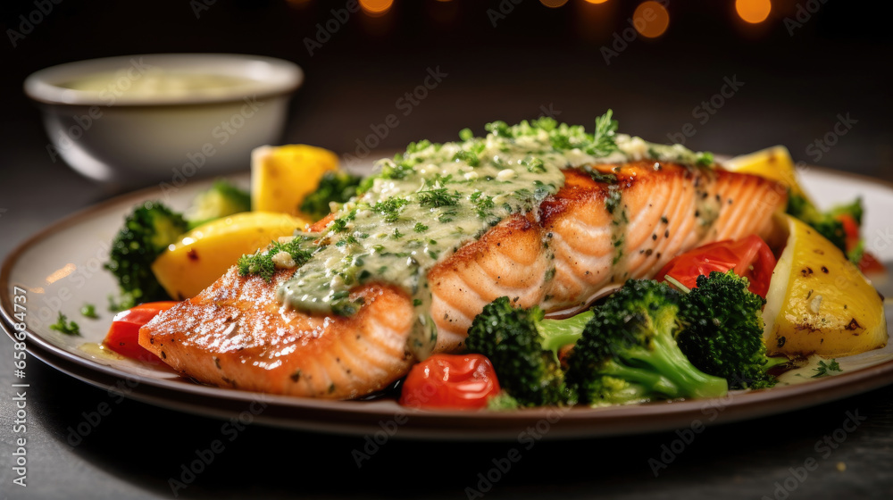 Grilled salmon with colorful veggies and lemon herb sauce in restaurant. Generative Ai Grilled salmon with colorful veggies and lemon herb sauce in restaurant. Generative Ai