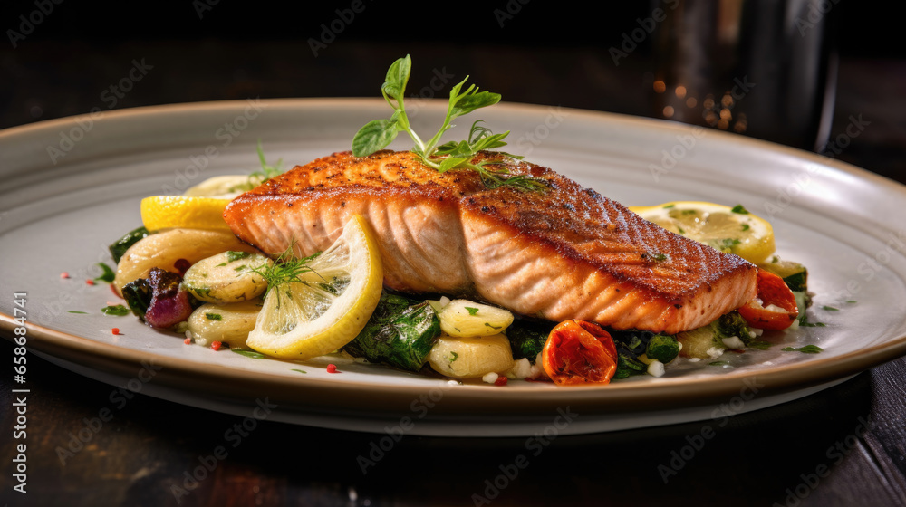 Grilled salmon with colorful veggies and lemon herb sauce in restaurant. Generative Ai