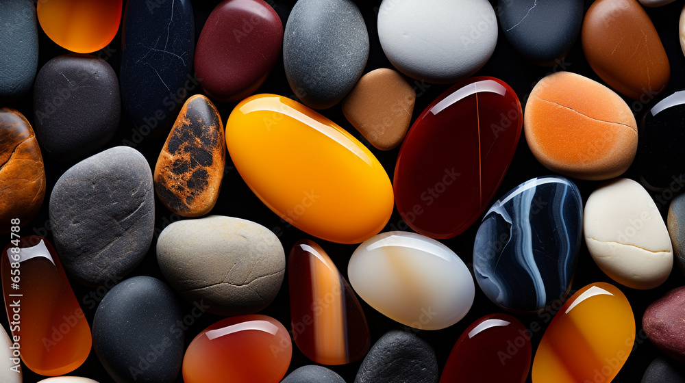 Beautiful and colorful almost round shape stone illustration. The stone is shiny and seems to be wet.