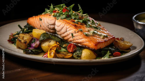 Grilled salmon with colorful veggies and lemon herb sauce in restaurant. Generative Ai