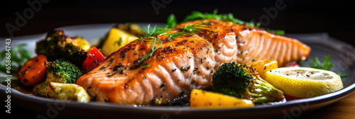 Grilled salmon with colorful veggies and lemon herb sauce in restaurant. Generative Ai photo