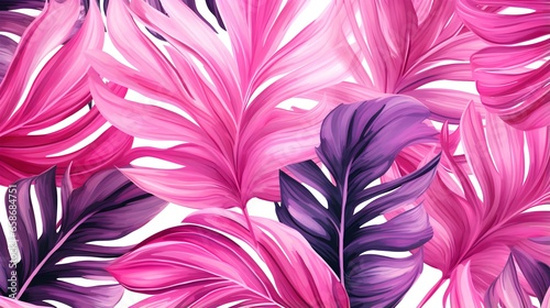 Abstract Background of illustrated Tropical Leaves. Exotic Wallpaper in pink Colors