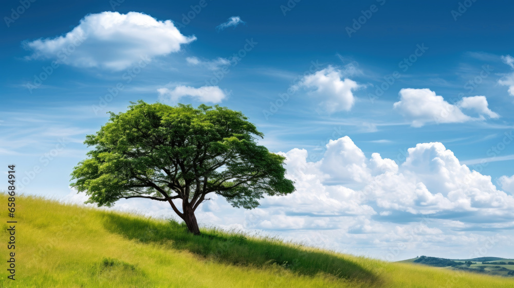 Fototapeta premium Landscape view of one big tree on the top of the hill with green grass on a hillside with blue sky and clouds in the background. Generative Ai