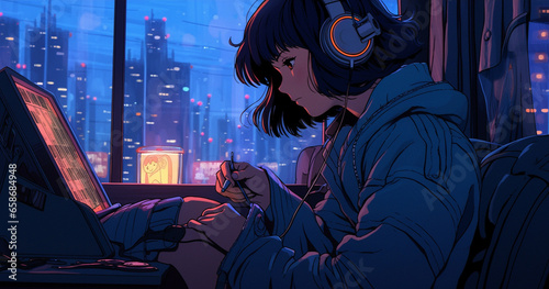 Night Owl Notes  Anime-style Illustration of Study with Beats  generative ai