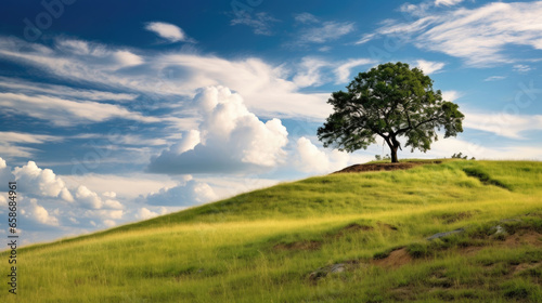 Landscape view of one big tree on the top of the hill with green grass on a hillside with blue sky and clouds in the background. Generative Ai © tong2530