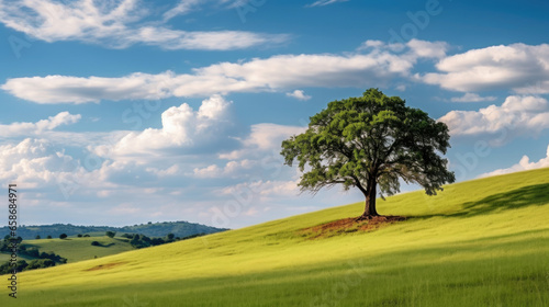 Landscape view of one big tree on the top of the hill with green grass on a hillside with blue sky and clouds in the background. Generative Ai