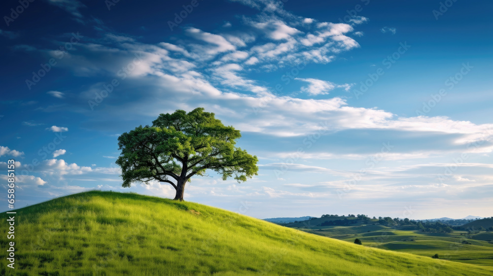 Obraz premium Landscape view of one big tree on the top of the hill with green grass on a hillside with blue sky and clouds in the background. Generative Ai