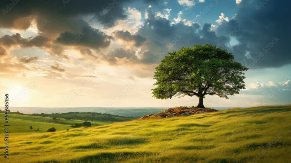 Fototapeta premium Landscape view of one big tree on the top of the hill with green grass on a hillside with blue sky and clouds in the background. Generative Ai