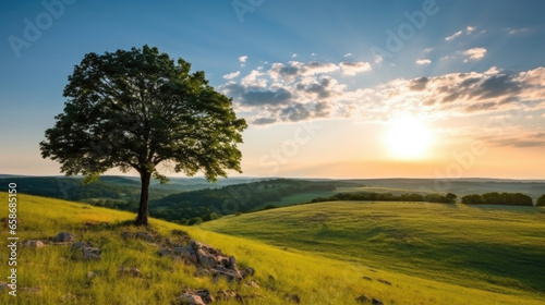 Landscape view of one big tree on the top of the hill with green grass on a hillside with blue sky and clouds in the background. Generative Ai © tong2530
