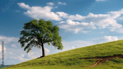 Landscape view of one big tree on the top of the hill with green grass on a hillside with blue sky and clouds in the background. Generative Ai © tong2530