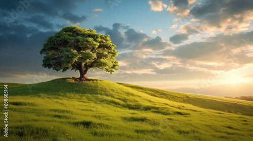Landscape view of one big tree on the top of the hill with green grass on a hillside with blue sky and clouds in the background. Generative Ai