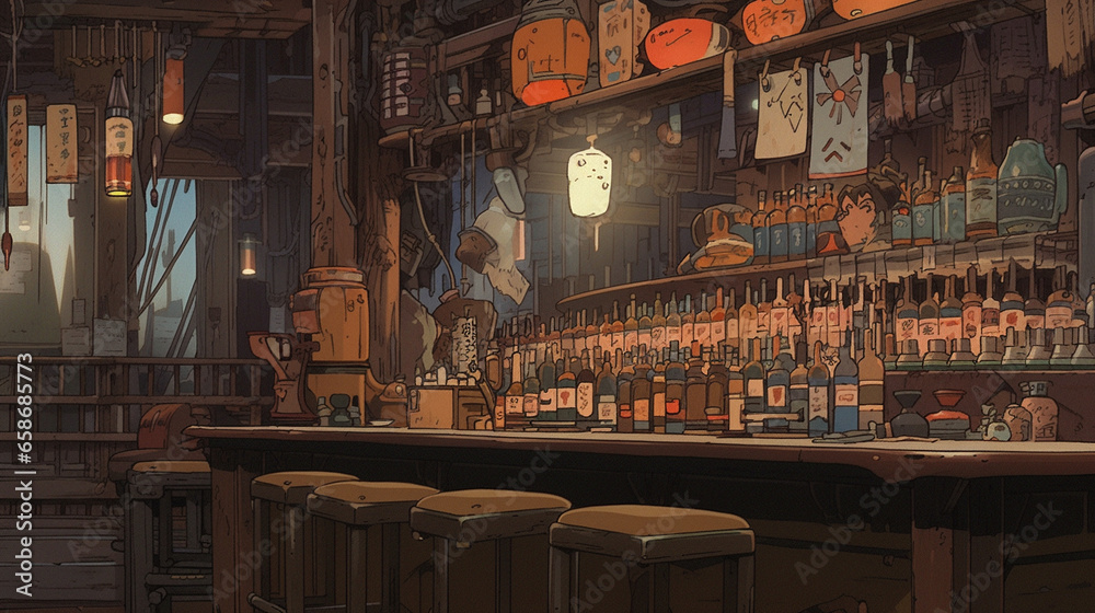 Izakaya Interlude: Anime-style Nightlife in a Traditional Bar, Generative AI