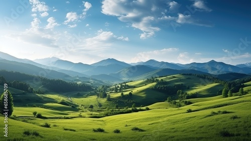 Beautiful Fantasy Meadow and Mountains Landscape Panorama. Generative AI Illustration. photo