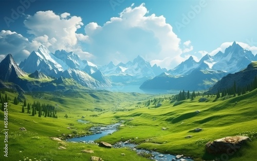 Beautiful Fantasy Meadow and Mountains Landscape Panorama. Generative AI Illustration. © Tuyres