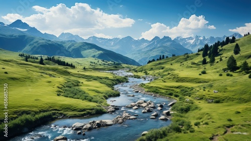 Beautiful Fantasy Meadow and Mountains Landscape Panorama. Generative AI Illustration.