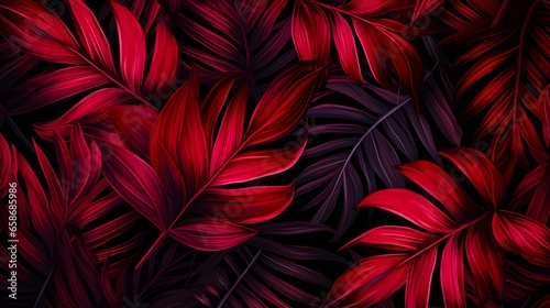 Abstract Background of illustrated Tropical Leaves. Exotic Wallpaper in red Colors
