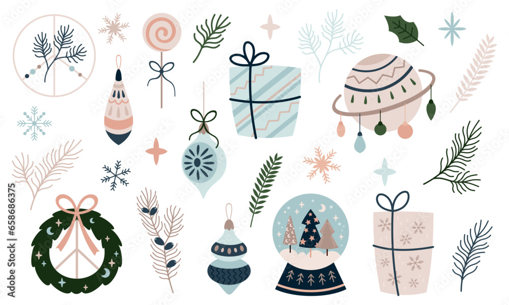 Christmas clipart with Christmas tree toys, gift, planet, snowflakes, stars, branches and other. Merry Christmas clipart in cartoon flat style. 