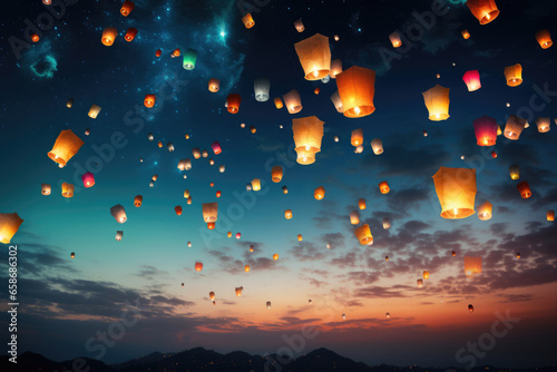 group of chinese flying lanterns