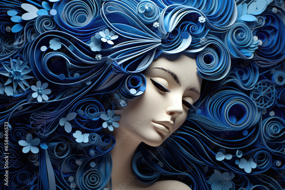 Portrait of a woman with luxurious hair with flowers in quilling style made from blue paper Portrait of a woman with luxurious hair with flowers in quilling style made from blue paper
