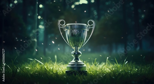 The winner's cup stands in the grass
