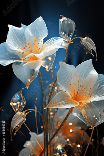 Glistening Dew on Glass Flowers  A Radiant Bouquet in the Dark Fantasy Transparent Flower  Concept Dream Flower 3D Rendering